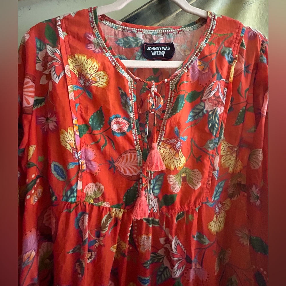 * Johnny Was Orange Boho Print Tassel Tie Dress SZ Small *